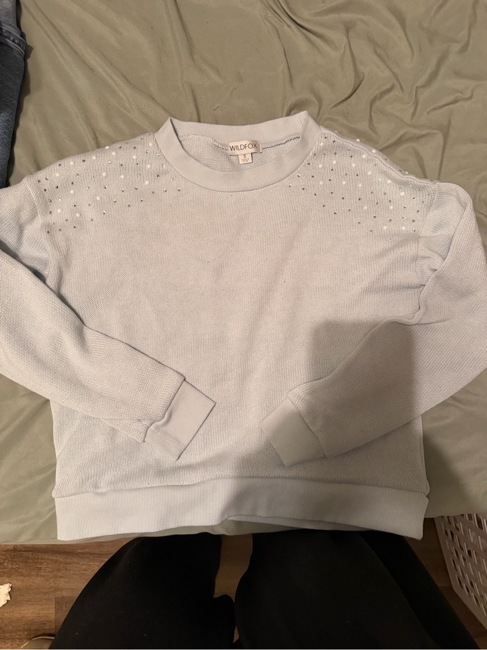 Wildfox Pale Blue Crewneck Sweater with Shoulder Studs